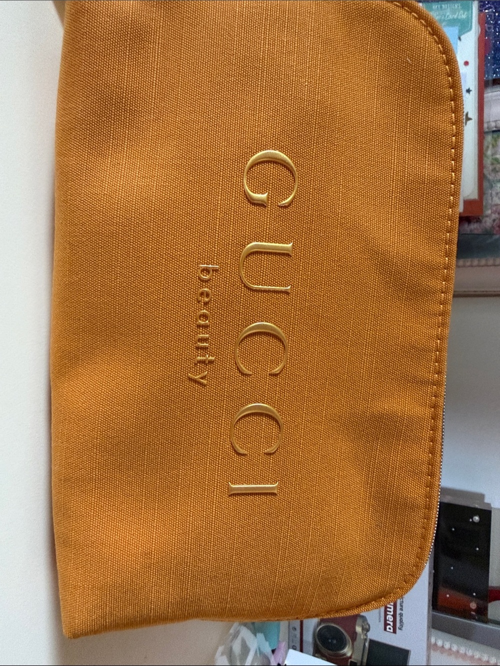 Gucci Orange Canvas Beauty Pouch with Embossed Logo